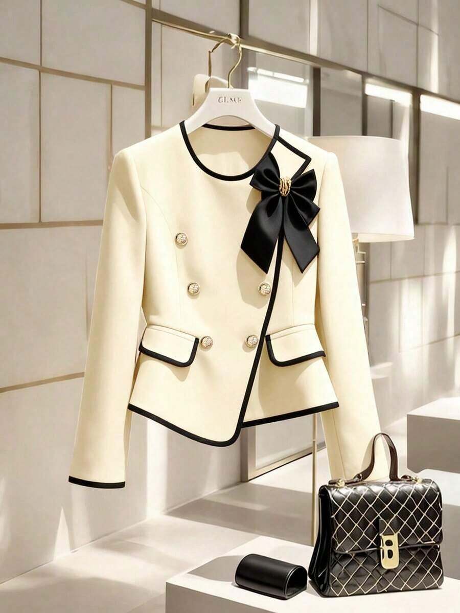 AYYGlowEve Chaqueta blazer de manga larga con decoración de lazo y ribete blanco, elegante y nueva para mujerAYY - Albaricoque - Ver 1