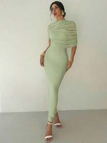 YkhahaFirerie Vestido ajustado con cuello de volantes, cintura plisada y asimétrico en color amarillo sólido elegante y romántico, atuendo para la playa, aeropuerto, vacaciones, maestros, otoño para mujeresYkhaha - Verde - Ver 5