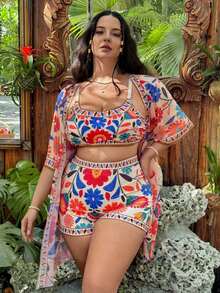 Swim Vcay Conjunto de 3 piezas de traje de baño de una pieza con diseño floral y cubre todo talla grande, ropa de playa casual de verano - Multicolor 4 - Ver 6