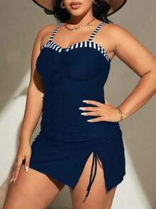 Swim Chiccia Conjunto de tankini con rayas de contraste y volantes para tallas grandes para la playa de verano - Multicolor - Ver 3