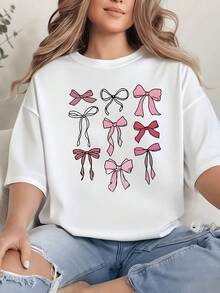 A Series Of Pink Ribbons Symbolizing Elegance, Tenderness, And Femininity, Creating A Feeling Of Lightness And Charm. A Comfortable, Modern, Casual Women's T-Shirt For Everyday Wear. - 白色 - 查看 8