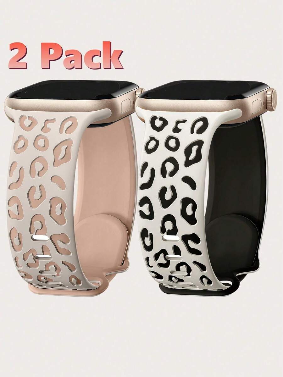 2件裝雙色豹紋雕刻錶帶，適用於Apple Watch 49mm 46mm 45mm 44mm 42mm 41mm 40mm 38mm，波西米亞豹紋運動矽膠腕帶，相容 Series Ultra 11 10 9 8 7 6 5 4 3 2 1 SE，男女通用
