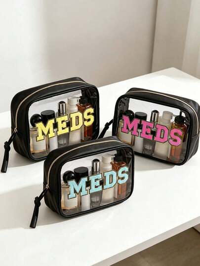 Bolsa de medicina de PU transparente con parche de letra de medicamentos, bolsa de aseo portátil y resistente al agua para viajes, organizador de maquillaje, bolsa de almacenamiento de medicina de uso múltiple, bolsa de almacenamiento elegante, para medicamentos, vitaminas, suplementos, cuidado de la piel y artículos pequeños, ideal para el hogar, la oficina, los viajes, el hospital, emergencias y uso diario, regalos únicos de cumpleaños, regalos festivos, regalos de fiesta, regalos de vacaciones, regalos de regreso a la escuela