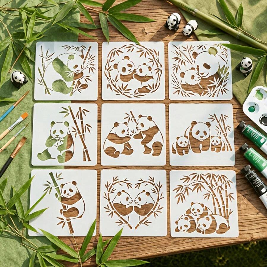 9件套 3.94英寸可爱熊猫竹制模板套装 | 熊猫情侣亲吻家庭竹制花环心形,适用于木材、画布、纸张、布料、书籍、相框、墙壁、家具和玻璃 | 可重复使用且可水洗的艺术用品 - 套裝 - 查看 1