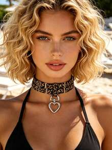 Vòng cổ choker họa tiết da báo quyến rũ hai sợi, mặt dây chuyền khóa hình trái tim phong cách Âu Mỹ, phụ kiện cổ cá nhân hóa - A - Xem 6