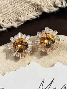1 Pair Elegant Floral Design Rhinestone Earrings, Minimalist Sparkling Glamorous Earrings Suitable For Daily, Casual, Party, Travel Wear - Multicolor - View 2