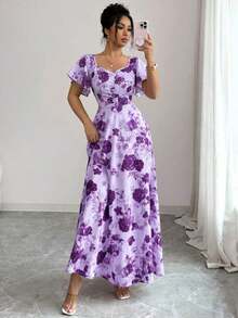 Elenzya Vestido de línea A con volantes en las mangas, fruncido en el frente y estampado floral de rosas, elegante y casual, ideal para vacaciones, viajes, citas, moda francesa y estilo retro, versátil para primavera y verano, de manga corta y largo maxi, en rojo, blanco y multicolor - Multicolor - Ver 4