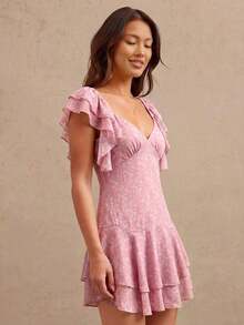 Vestido vaquero mini con volantes, escote en V y estampado de paisley, ajuste ceñido y vuelo para el verano - Rosa vieja - Ver 5