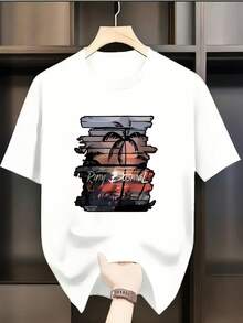 Short-Sleeved Crew Neck T-Shirt Featuring A Vintage Graffiti Pattern With Sunset Motifs On The Front, With A Distressed Black Background Showing A Sunset Scene With A Coconut Tree (Accompanied By The Handwritten Logo "Riny Bosmal"). - 白色 - 查看 1