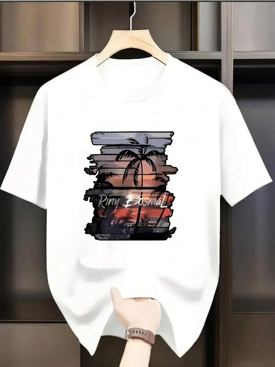 Short-Sleeved Crew Neck T-Shirt Featuring A Vintage Graffiti Pattern With Sunset Motifs On The Front, With A Distressed Black Background Showing A Sunset Scene With A Coconut Tree (Accompanied By The Handwritten Logo "Riny Bosmal"). - 白色 - 查看 1
