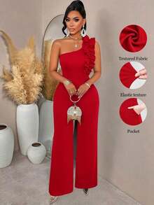 AIJ Conjunto de fiesta para mujer Amarilo: Pantalones acampanados de pierna ancha con cinturón y un hombro con volantes, adecuado para salidas, citas, reuniones, cenas y fiestas de cóctel, unicolor - Rojo - Ver 3