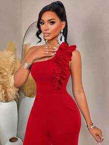 AIJ Conjunto de fiesta para mujer Amarilo: Pantalones acampanados de pierna ancha con cinturón y un hombro con volantes, adecuado para salidas, citas, reuniones, cenas y fiestas de cóctel, unicolor - Rojo - Ver 5