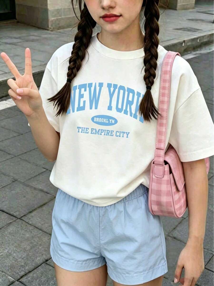 Tween-Mädchen Mode Buchstaben-Muster Rundhals Kurzarm T-Shirt und lässiges Shorts Set - Graublau - Übersicht 1