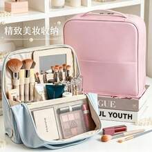 大容量竖款PU化妆包带镜子，便携式防水手持化妆箱，旅行化妆品收纳包 - 粉色 - 查看 3