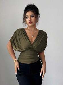Elenzya Women's Blouse With Bell Sleeves, Gathered Shoulders, Drawstring Waist And Ruffled Hem, Stretch Mesh With Knit Lining, Elegant For Vacation, Beach, Travel And Casual Wear, In Romantic French Style - 軍綠色 - 查看 7