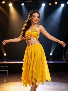 Belly Dance Coin Halter Top + Asymmetrical Chiffon Long Skirt, Suitable For Performance, Halloween Costume And Theme Party (Multiple Colors Available) - Multicolor - View 15