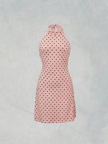 Vestido mini versátil de moda primavera/verano 2026, apto para uso diario, casual, commute, estilo callejero, retro, sexy, espalda descubierta y talla grande ocasiones, diseño de cuello halter en contraste negro y blanco, estampado en todo el vestido, elegante para fiestas - Rosa - Ver 5