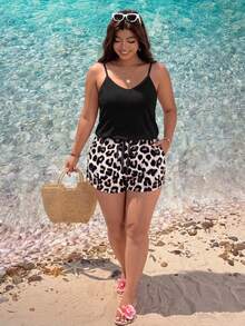 Plus Size Women's V-Neck Camisole And Leopard Print Drawstring Shorts Set, Casual Spring/Summer 2-Piece Outfit Elegant - Multicolor - View 7