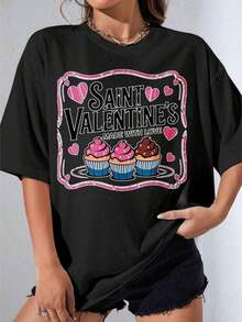 Black And White T-Shirt For Girls, Valentine's Day T-Shirt With White Cupcake And Heart Print, Made With Love Design For Valentine's Day Celebration, Outdoor Party, Casual Printed T-Shirt - 黑色 - 查看 5