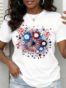 Women's T-Shirt With Patriotic Fireworks Floral Print, Red, White And Blue, For Independence Day Celebration, Casual Summer Wear, Cool Summer Clothes For Women - 白色 - 查看 6