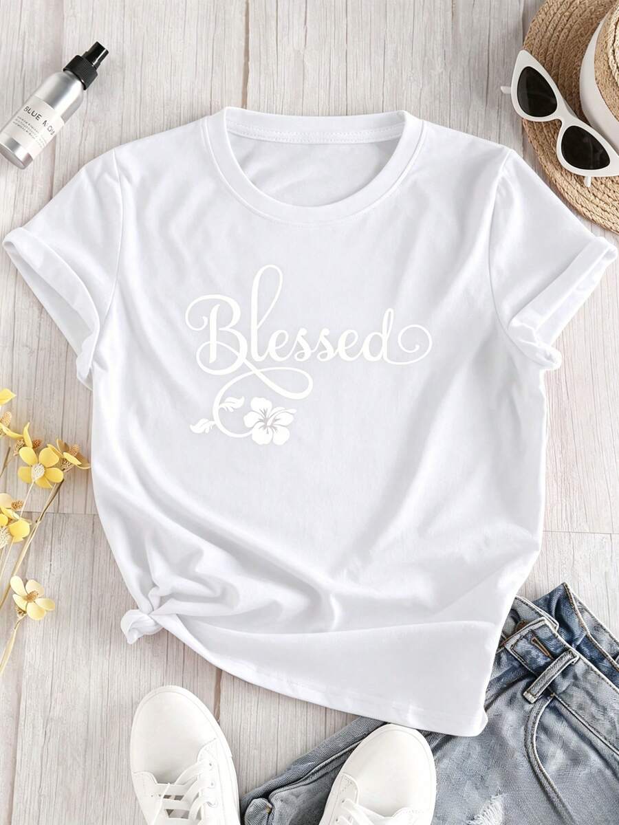 The "Blessed" Letter Print T-Shirt Is Stylish And Versatile, Suitable For All Skin Tones, And Can Be Worn For Everyday Wear As Well As Special Occasions. - White - View 1