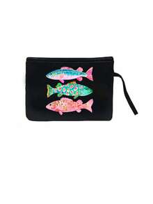 Colorful Fish Pattern Canvas Tote Bag And Wristlet Pouch Set, Reusable Beach Tote Bag With Matching Cosmetic Bag, Ocean Theme Fish Pattern Tote Bag With Black Handle - Multicolor - View 23