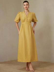 Aveloria Revavyn Elegante vestido de estilo francés con cuello en V, mangas de pétalo, cintura abotonada y falda acampanada, de tela a rayas amarilla y blanca, silueta favorecedora para uso diario y vacaciones - Amarillo - Ver 1