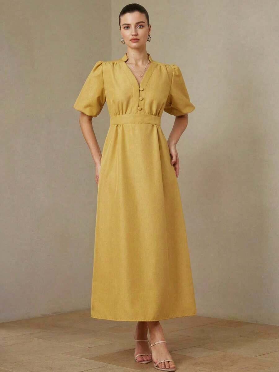 Aveloria Revavyn Elegante vestido de estilo francés con cuello en V, mangas de pétalo, cintura abotonada y falda acampanada, de tela a rayas amarilla y blanca, silueta favorecedora para uso diario y vacaciones - Amarillo - Ver 1