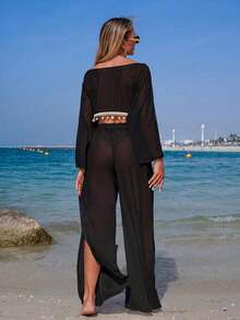 Swim Vcay Conjunto de traje de baño de primavera/verano con pareo de malla de color negro sólido para vacaciones en la playa y fiestas, talla cinturón trenzado con colgante de estrella de mar y concha, y pantalones de playa de malla con abertura alta a juego - Negro - Ver 5