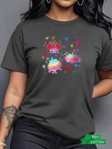 New 2026 Collection: Cotton T-Shirt With Anime Letter Print, Women's Round Neck T-Shirt With Simple Design, Comfortable, Soft And Breathable, Suitable For Casual Daily Wear, Showing A Natural And Refreshing Style, A Must-Have For Parties, Local Shipping, Strawberry Design With Green Strawberry Leaves, Lightweight Cotton. - 黑色 - 查看 9
