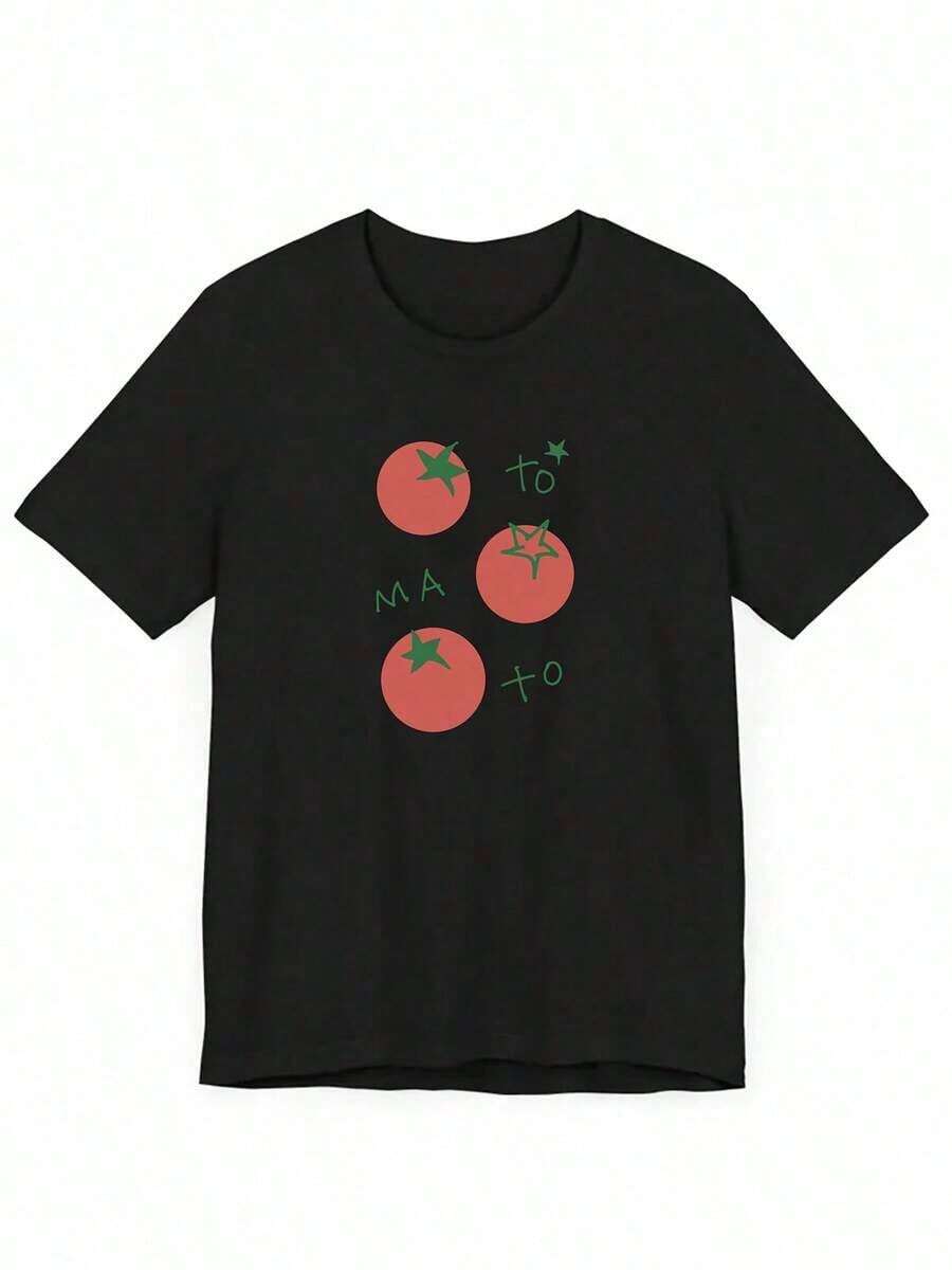 Women's Short-Sleeved Camisole, Personalized, New Spring/Summer 2026 Collection, With Cartoon Letter Print In Cherry Tomato Orange, Suitable For Summer, Y2K Clothing - Unisex Loose-Fitting Cotton Short-Sleeved Round Neck Camisole, Urban Vintage Style. Suitable As A Gift. Women's T-Shirt. Blouses>Elegant. Boho Chic. Soft, Breathable, And Comfortable Women's Top, Ideal For Spring, Summer, And Autumn, Perfect For Vacations, Travel, And Everyday Wear. - 黑色 - 查看 1