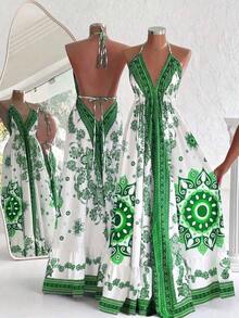 Holidaya Vestido de verano sin espalda con tirantes y estampado de tótem azul y blanco de estilo tropical para mujer, vestido de playa de primavera/verano, vestido de vacaciones de verano, vestido bohemio de verano, vestido azul y blanco para mujer, vestido de sol para mujer, ropa de mujer bohemia, vestido bohemio sin mangas con cuello halter y estampado aleatorio y volante en el bajo para mujer - Verde - Ver 1