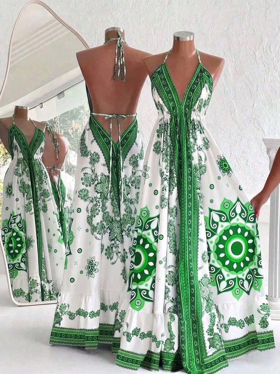 Holidaya Vestido de verano sin espalda con tirantes y estampado de tótem azul y blanco de estilo tropical para mujer, vestido de playa de primavera/verano, vestido de vacaciones de verano, vestido bohemio de verano, vestido azul y blanco para mujer, vestido de sol para mujer, ropa de mujer bohemia, vestido bohemio sin mangas con cuello halter y estampado aleatorio y volante en el bajo para mujer - Verde - Ver 1