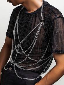Y2K Industrial Gothic Men's Silver Layered Body Chain Harness, Multi-Layered O-Ring Detail Chest Chain, Punk Body Jewelry For Rave Festival Club Party - Multicolor - View 3