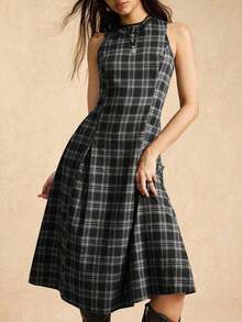 AYYEaselle Vestido de cuadros sin mangas con recogido en la cintura y silueta evasé para mujer, vestido de cuadros a media pierna, vestido de cuadros para mujer, vestidos de estilo francés para mujer, vestidos para mujer ElenzgaAYY - Blanco y Negro - Ver 5
