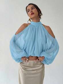AYYAloruh Top corto halter de hombros abiertos de unicolor elegante para mujer, ropa de verano, ropa de playa, vacaciones, estilo bohemio, tropical, festival, country, western, streetwear, gyaru, tops de verano con hombros descubiertosAYY - Azul - Ver 3