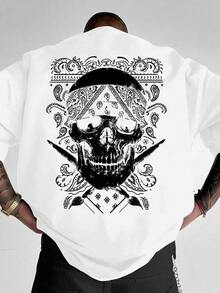 Paisley Skull Print T-Shirt 2026, Men's Crew Neck T-Shirt, Loose Fit T-Shirt, Slightly Dropped Shoulder Crew Neck T-Shirt, Men's Short Sleeve T-Shirt, Oversized Summer T-Shirt Y2K Style In Solid Colors. - 魏斯 - 查看 1