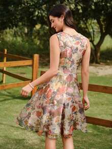 Vestido de mujer elegante y vintage con estampado de rosas y cuello en V de organza, para vacaciones, fiestas, verano, festivales, bodas, graduaciones, bailes de graduación, ceremonias, cumpleaños y ocasiones formales. Vestido elegante de color rosa para fiestas y vacaciones. - Albaricoque 2 - Ver 5