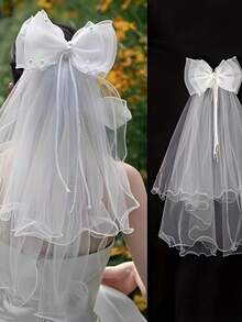 1 Stück eleganter Brautschleier mit Schleife, romantisches Spitzen-Hochzeitshaaraccessoire, transparentes weißes Tüll-Design, geeignet für Bräute und besondere Anlässe - Weiss - Übersicht 2