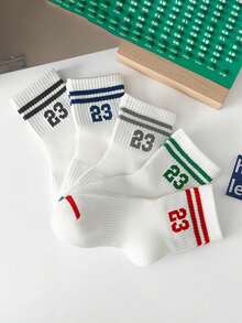5 Pairs Kids' Numeric Striped Minimalist Mid-Calf Socks, Suitable For Students Everyday Casual Wear, All Seasons - Multicolor - View 10