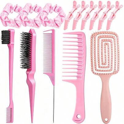 15pcs Hair Styling Brush Set, Nylon Teasing Hair Brush, Rat Tail Comb, With Alligator Clips, Double-Sided Edge Brush, Hair Ties, Comb, Used For Edges And Back Brushing, Comb, For Women & Girls Smooth Hair (Pink)
