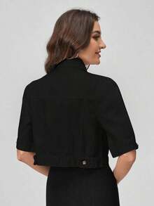 Chaqueta vaquera casual de mujer de manga corta y abotonadura sencilla - Negro - Ver 2
