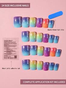 24片 Y2K 中號方型貓眼亮面彩色彩虹法式穿戴甲，含亮片、貓眼與彩虹設計，夏季全覆蓋壓克力假指甲，適合女性日常工作與派對使用 - 彩色 - 查看 4