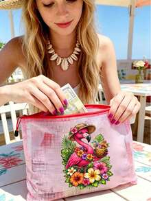 Waterproof Fashion Beach Bag. Printed With Flamingo And Flower Patterns, This Large Capacity Transparent Cosmetic Bag Features A Nylon Zipper, Lightweight And Portable, Perfect For Spring And Summer Storage. Durable And Suitable For Swimming, Beach, Diving And Summer Travel. Lightweight And Sun-Protective, It's The Perfect Back-To-School Essential Bag For Students. - Multicolor - View 5