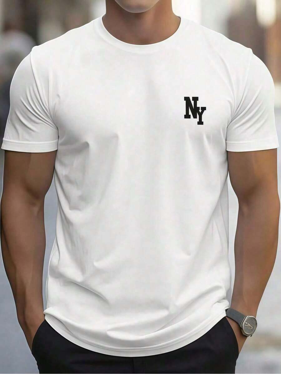 1 Men's White NY Print T-Shirt, Graphic Tee, Summer T-Shirt, Unisex Casual Crew Neck T-Shirt, Plus Size 5XL For Men, 220 G/M² Lightweight Knit Fabric, Machine Washable, Suitable For Spring/Summer/Autumn, Christmas, Thanksgiving, Valentine's Day - 白色 - 查看 1