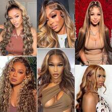 Honey Blonde Ombre Lace Front Wig Human Hair Highlight Body Wave Lace Front Wigs Human Hair Pre Plucked 200 Density Wig 4X4 13X4 HD Lace Frontal Wig For Women 4/27 Colored 28 Inch - S4/27 - Xem 3