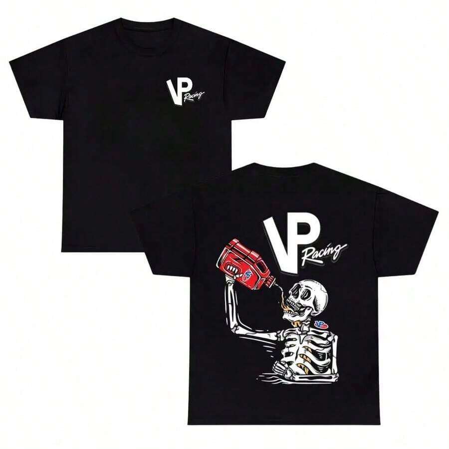 Men's Short Sleeve T-Shirt 100% Cotton Round Neck With Print, Casual Summer Slim Fit, Gift For Men From Mexico, VP Racing T-Shirt – Black T-Shirt With Skeleton Print, Eye-Catching VP Logo And Fuel Can Design, Cool Urban Style For Motorsports And Racing Fans. - 黑色 - 查看 1