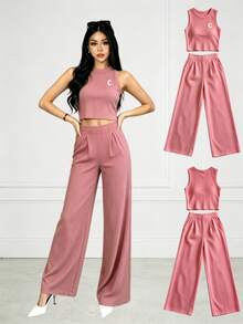 2-Piece Set Of Tank Top And Solid-Color Pants For Casual Holiday Wear - Pink - View 1