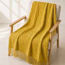 Tasseled Cozy Knit Throw Blanket - Soft & Lightweight For Sofa, Bed & Travel Use - Farmhouse Style Khaki & Cream - Yellow With Water Ripples - View 6