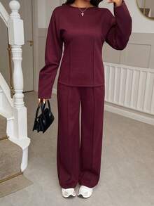 Setelan Sweatshirt dan Celana Panjang Sedang dengan Pinggang Ramping untuk Wanita, Warna Abu-abu. - Burgundy - View 4